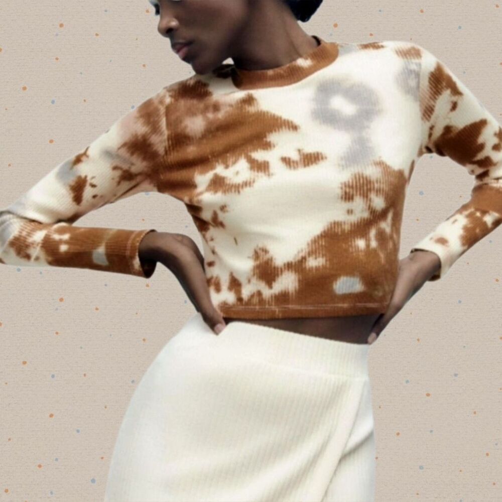 ZARA Tie Dye Long Sleeve Crop Top - Size S, Off White, Brown, Beige, Gray, NWT
